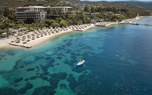 Aerial view of Eagles Resort near the sea with palm gardens and pools
