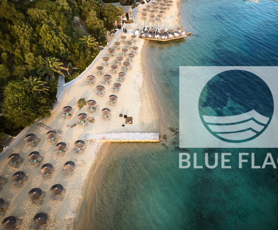 Eagles resort beachfront, featuring golden beach with sun loungers and umbrellas and blue sea